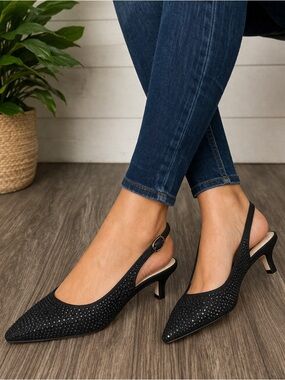 LADY COUTURE Elegant Black Rhinestone Slingback Pointed-Toe Heels